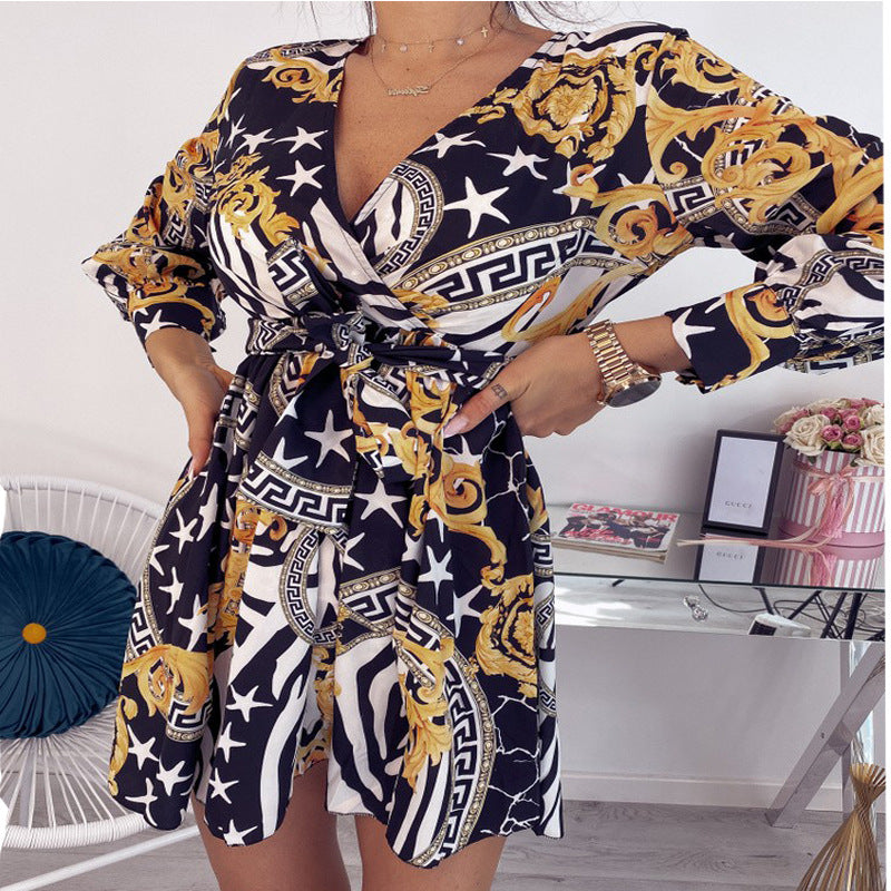 V-Neck Sexy Casual Long-Sleeved Printed Dress