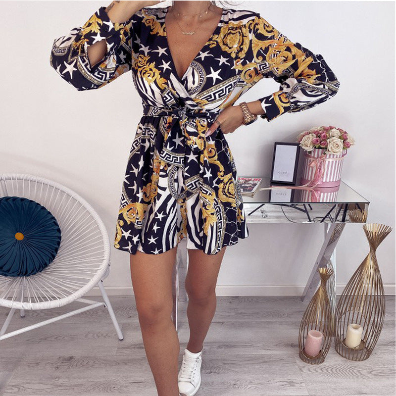 V-Neck Sexy Casual Long-Sleeved Printed Dress