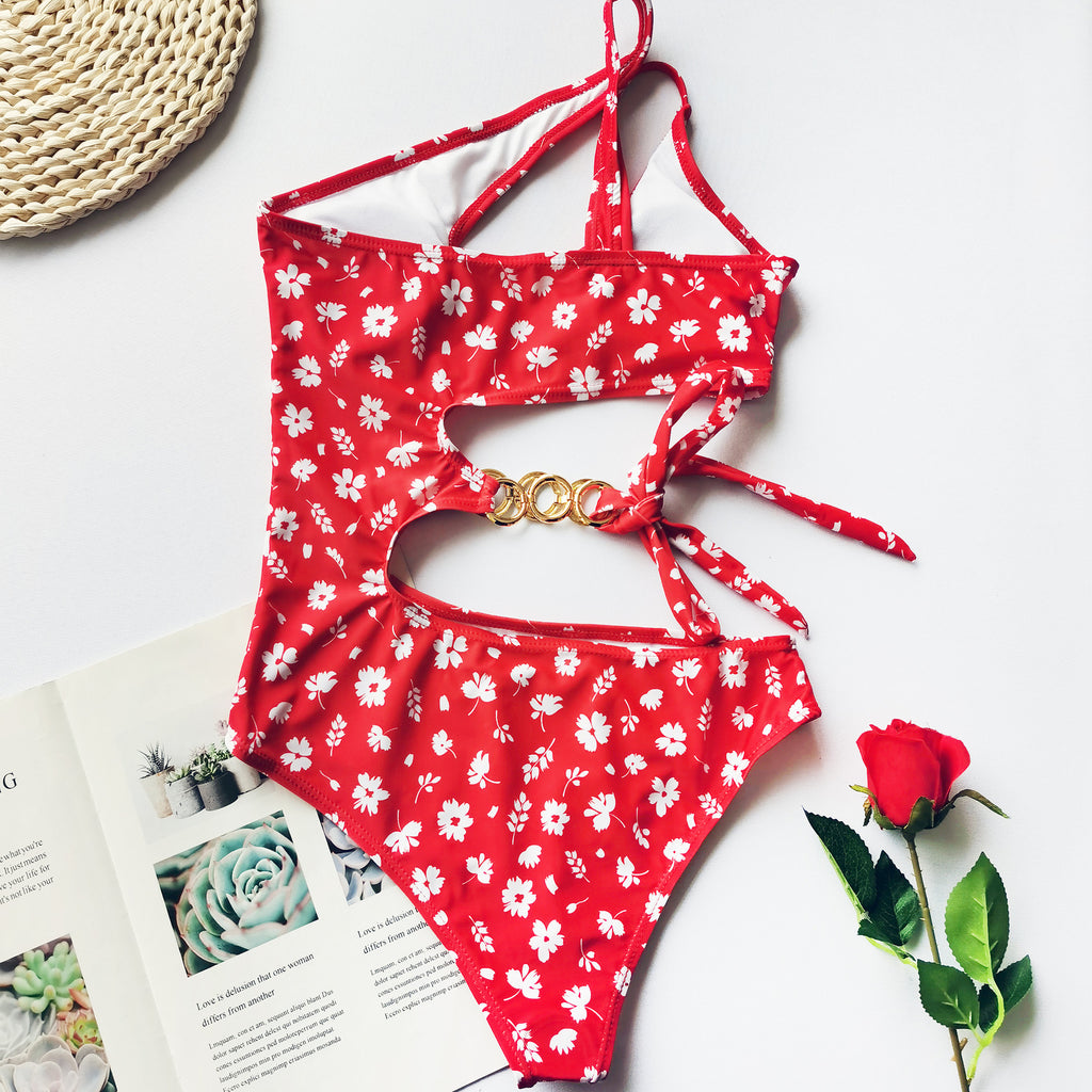 Bowknot Floral One-Piece Irregular Splicing Bikini Swimsuit