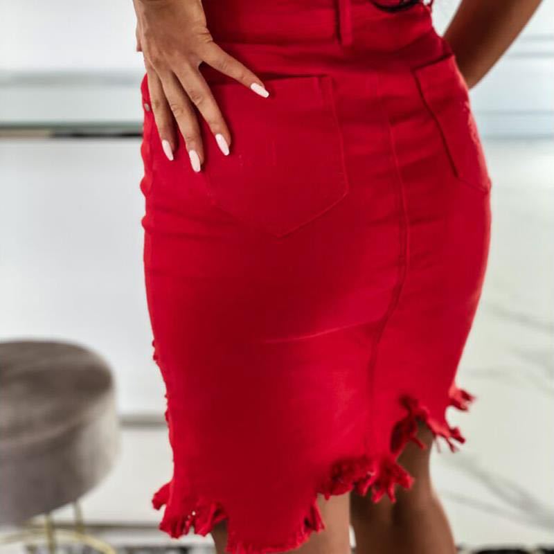 Single-Breasted Solid Color Stretch Denim Skirt