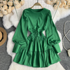 Solid Color Puff Sleeve Temperament Ruffle Dress