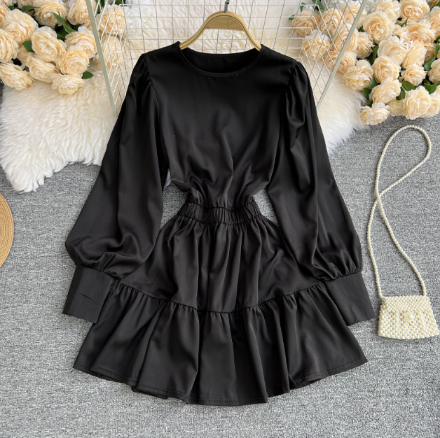 Solid Color Puff Sleeve Temperament Ruffle Dress