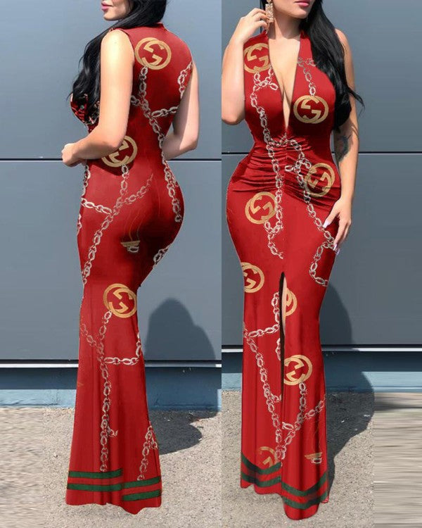 Sexy Fashion Sleeveless V-Neck Print Stitching Dress