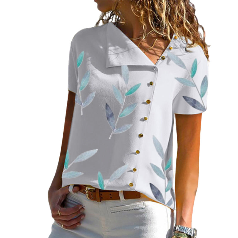 Fashion Button Irregular Short-Sleeved Solid Color Blouse Shirt