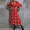 Elegant Red Print Long Sleeve High Waist Dress