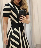 Round Neck Black Striped Short Sleeve Dress