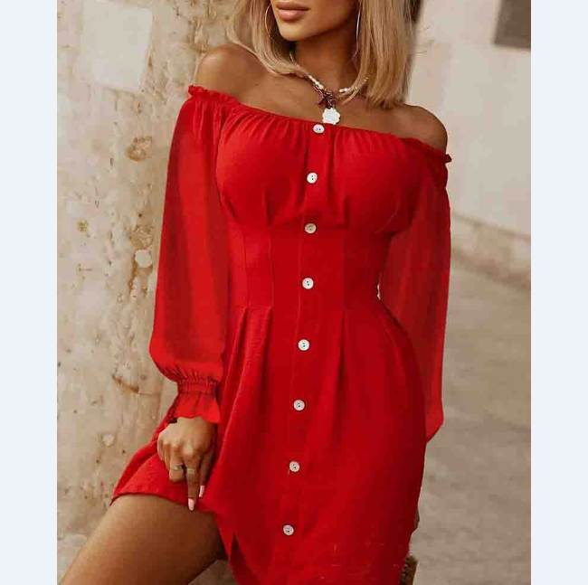 Red One-Shoulder Long-Sleeved Dress