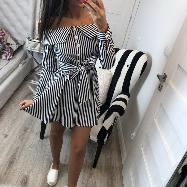 Sexy Long Sleeve Striped One-Neck Dress