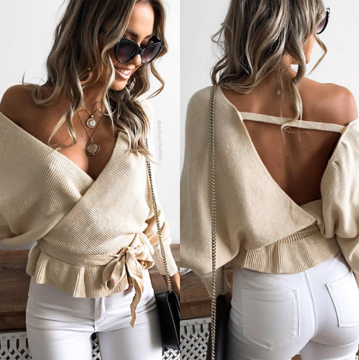 Fashion V-Neck Long Sleeve Backless Knitted Sweaters
