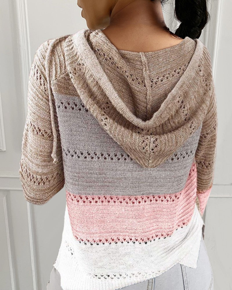 V-Neck Long Sleeve Solid Color Knitted Sweater