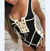 Women'S Solid Color Striped Lace One-Piece Swimsuit