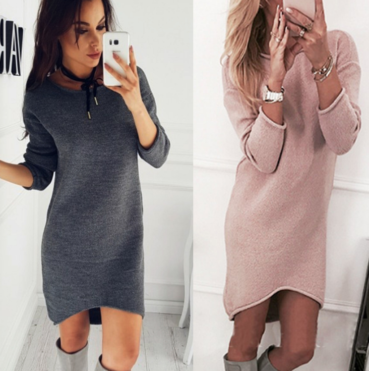 Solid Color Round Neck Long-Sleeved Dress