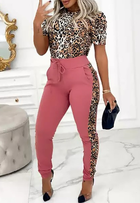 Leopard Print Splicing Short Sleeve Casual Two-Piece Suit