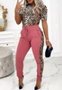 Leopard Print Splicing Short Sleeve Casual Two-Piece Suit