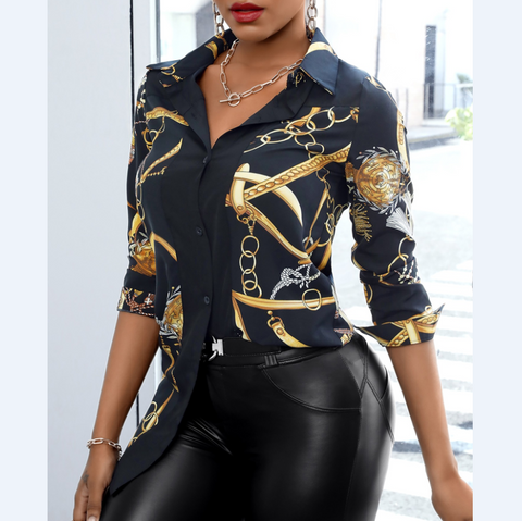 Butterfly Print Star Red-Trimmed Lapel Long-Sleeved Shirt