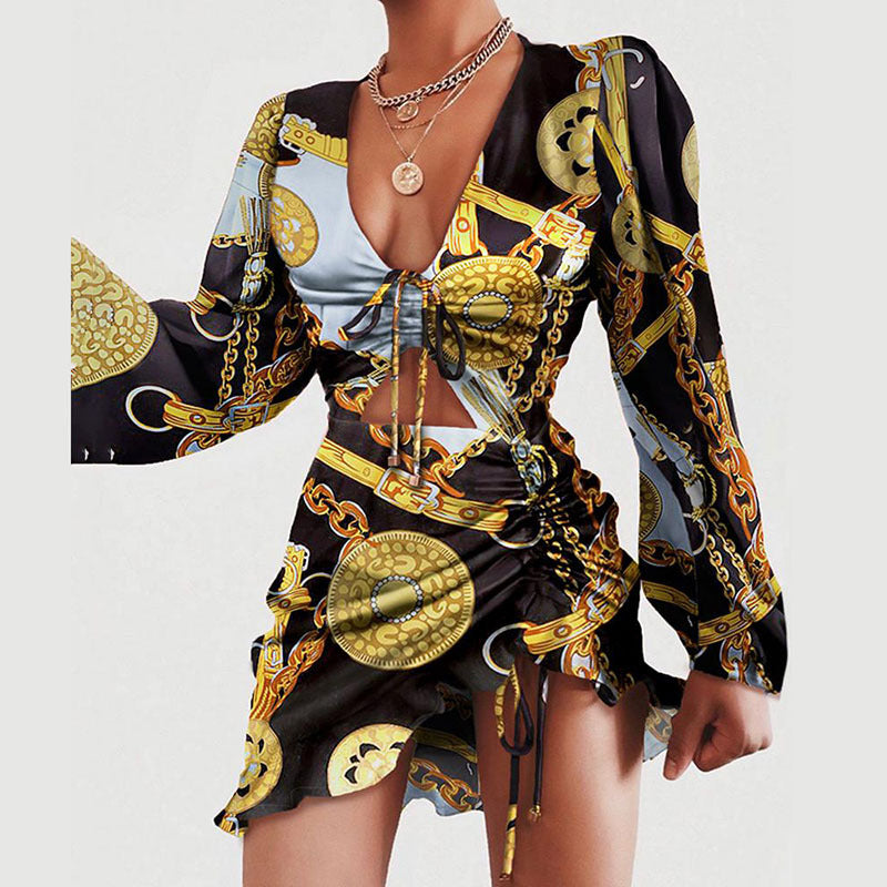 Women's Leopard Print Long Sleeve Sexy V-Neck Dress