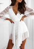 Long Sleeve Women's V-Neck Lace White Dress