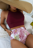 Printed Solid Color High Waist Leaf Bikini Swimsuit