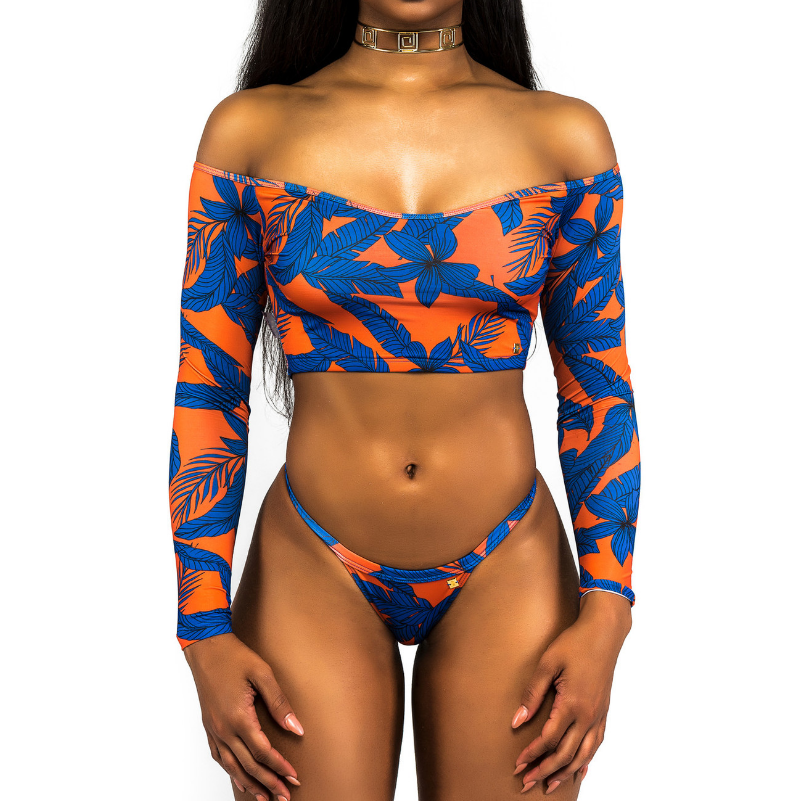 Flower Print Fashion Long Sleeve Off Shoulder Crop Tops Triangle Bikini Set Swimsuit Swimwear