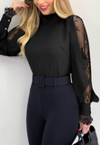 Sexy Solid Color Lace Panel Long Sleeve Top