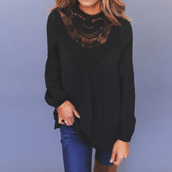 Fashion Lace Round Neck Long Sleeve Top