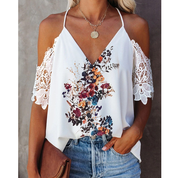 Women Lace V-Neck Open Back Short Sleeve Printed Shirt Top