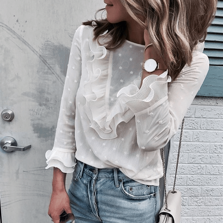 Fashion White Long-Sleeved Round Neck Button Top