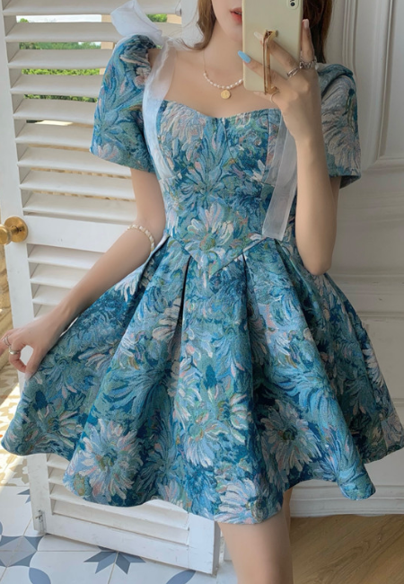 Printed Bowknot Short Sleeve High Waist Dress