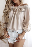 Casual Apricot Splicing Long-Sleeve Lace Top