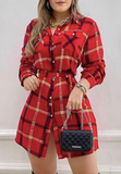 Casual Red Check Long Sleeve Dress