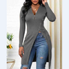 Solid Color V-Neck Long-Sleeved Split T-Shirt