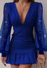 Solid Color Women's Sequin Mesh V-Neck Long Sleeve Dress