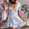 Printing V-Neck Flounced Zipper High Waist Dress