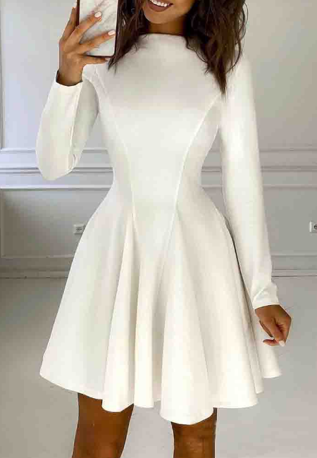 Temperament White Solid Color Women's Long Sleeve Dress
