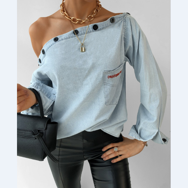 Long Sleeve One Word Collar Embroidery Pocket Shirt