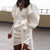 Women V-Neck Wrapped Chest Bow Long Sleeve Dress