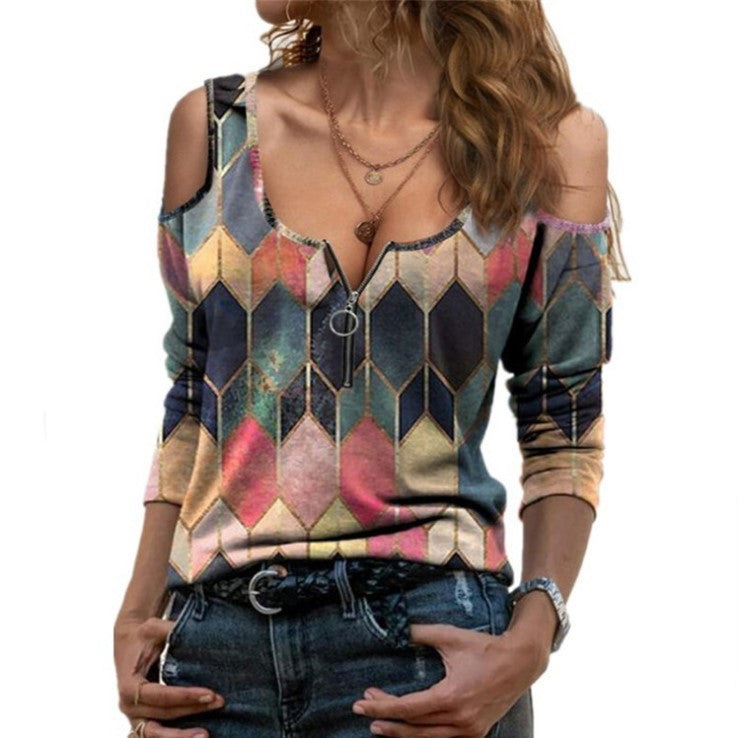 Printed Long Sleeve Casual Sexy V-Neck Blouse