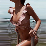 Fashion Striped Flounce Lace Up Bikini Set