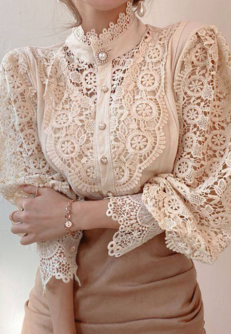 Women's Solid Color Lace Long Sleeve Shirt