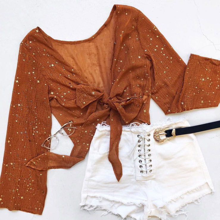 Women V-Neck Long-Sleeved Lace Five-Pointed Star Top