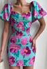 Women's Floral Puff Sleeve Skinny Pack Hip Dress