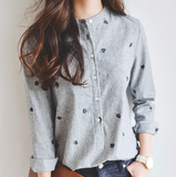Solid Color Striped Embroidery Long Sleeve Shirt