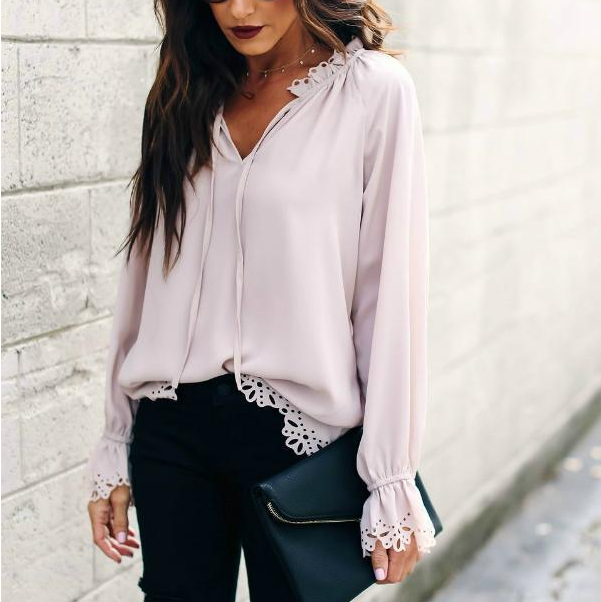 Solid Color V-Neck Long-Sleeved Chiffon Top