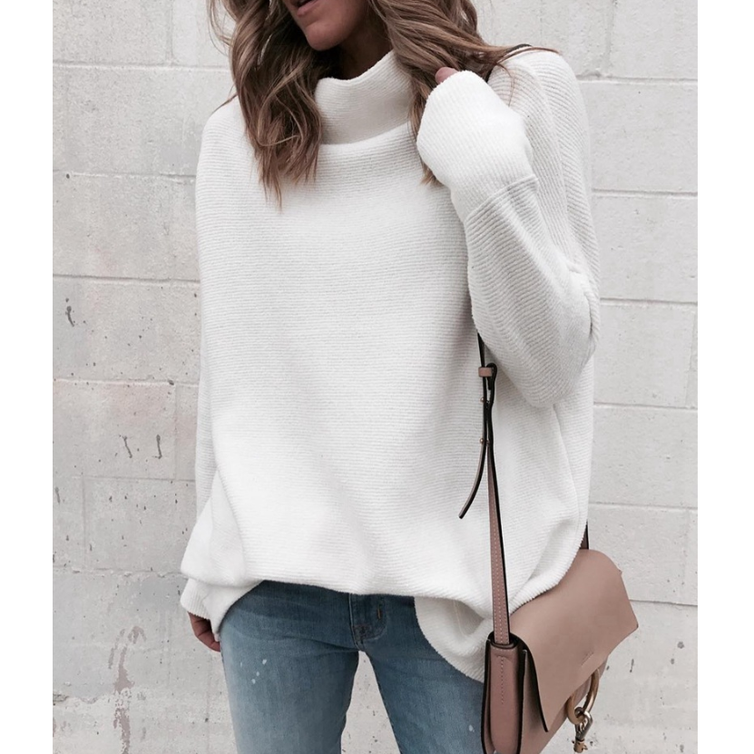 White Fashion High-Necked Long-Sleeved Knit Sweater