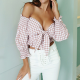 Plaid Word Shoulder Wrapped Chest Bowknot Shirt