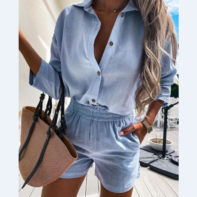 Solid Color Casual Temperament Long Sleeve Shorts Two-Piece Set