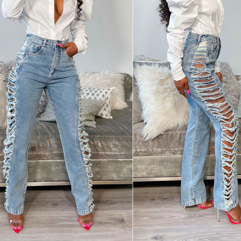 SHEIN Butterfly Print Ripped Straight Leg Jeans