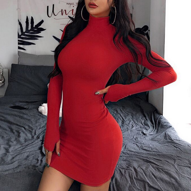 Fashion Sexy Solid Color Long Sleeve Turtleneck Dress