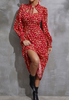 Elegant Red Print Long Sleeve High Waist Dress