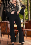 Black Lace Panel Long Sleeve Skinny Jumpsuit